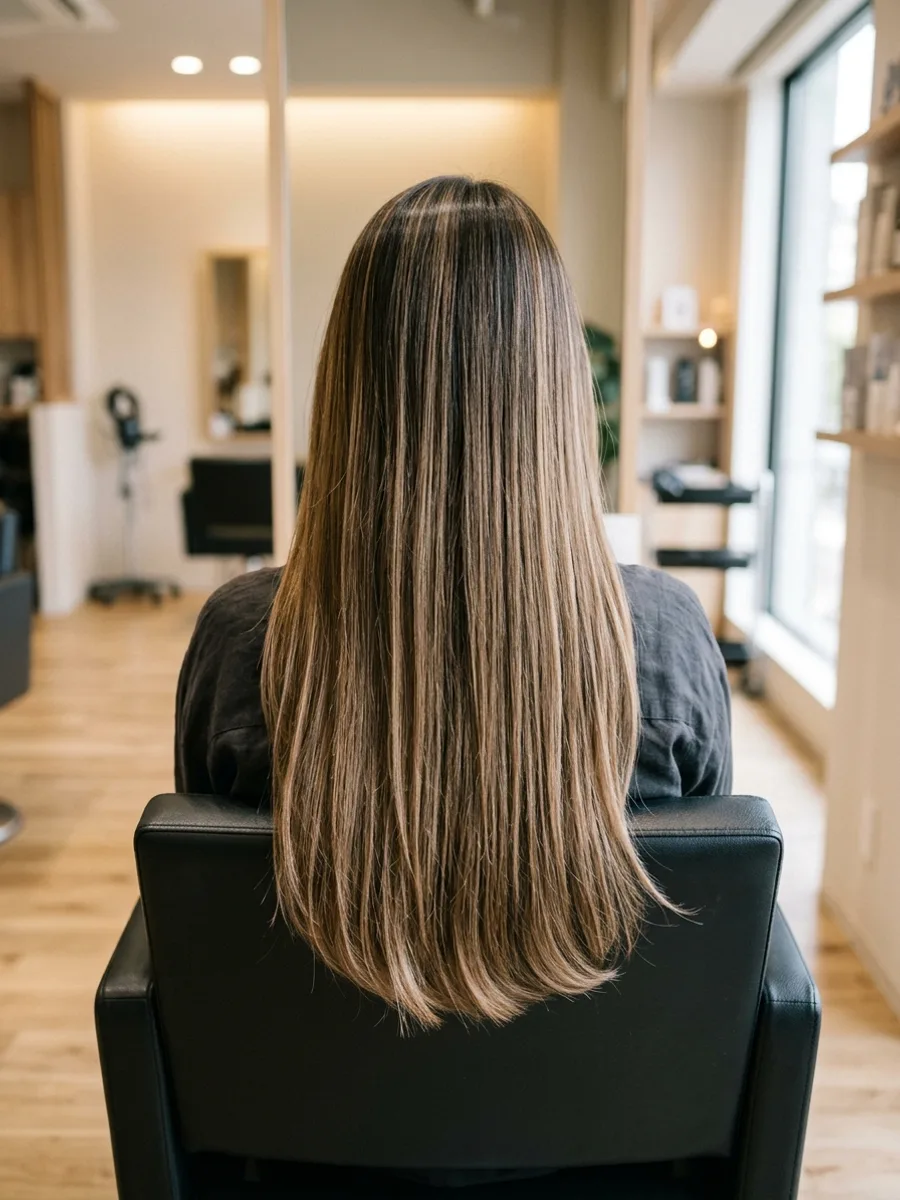 コスタヘアーで仕上げた、まとまりのあるフェミニンロングのスタイル例